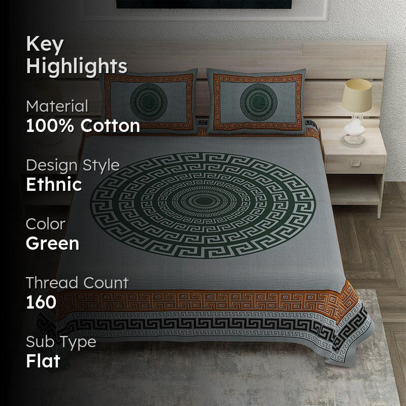 Greek Key Printed Cotton Bedsheet (Green) - 160 TC media 2