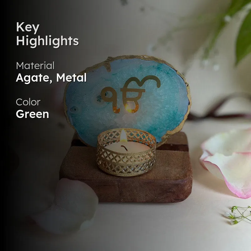 Ik Onkar Handcrafted Agate Religious Accent With Tealight Candle Holder - Green media 2