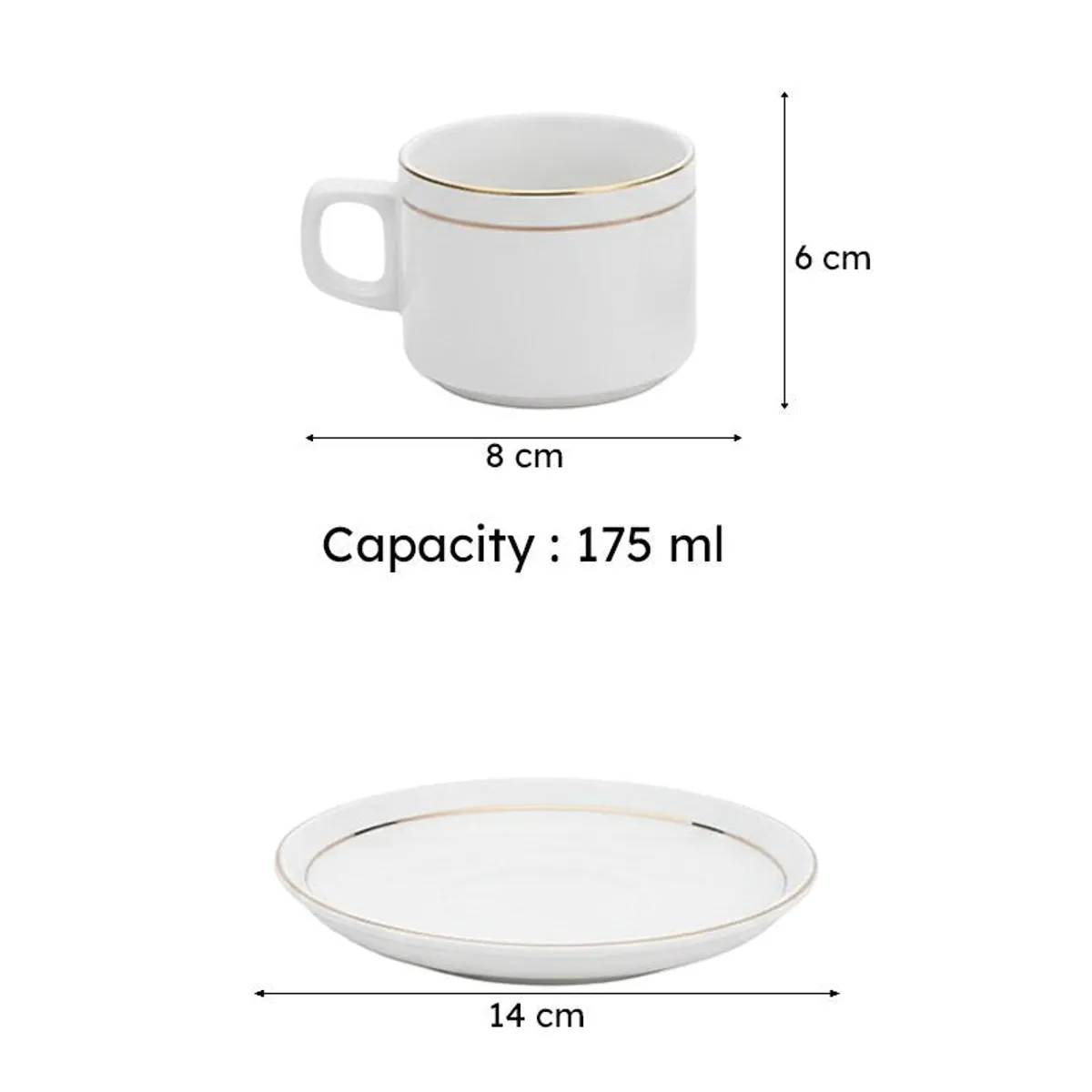 White cup and saucer shown separately in a measurement view