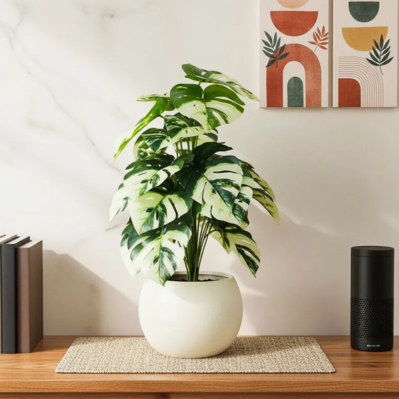 Mona Artificial White Monstera With Black Plastic Pot - 2.6 Feet media 1