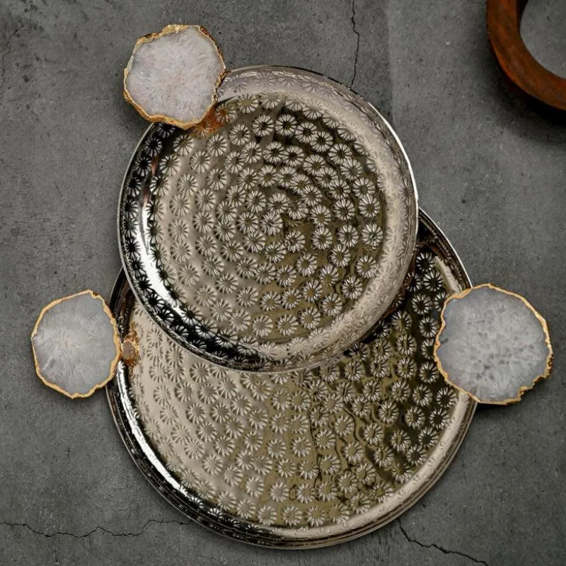 Samitha (Aluminum,Agate) Platter With Agate Decoration (White) - Set of Two media 1