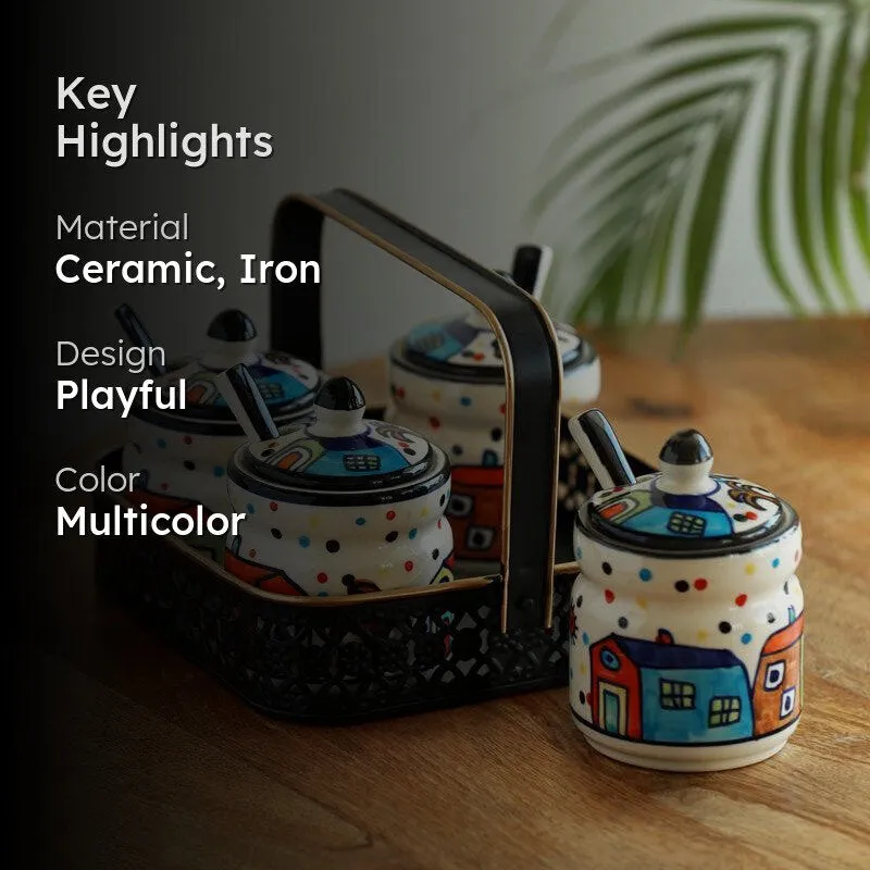 Coastal Cottage Handpainted Ceramic Jar With Iron Caddy (280 ML) - Nine Piece Set media 2