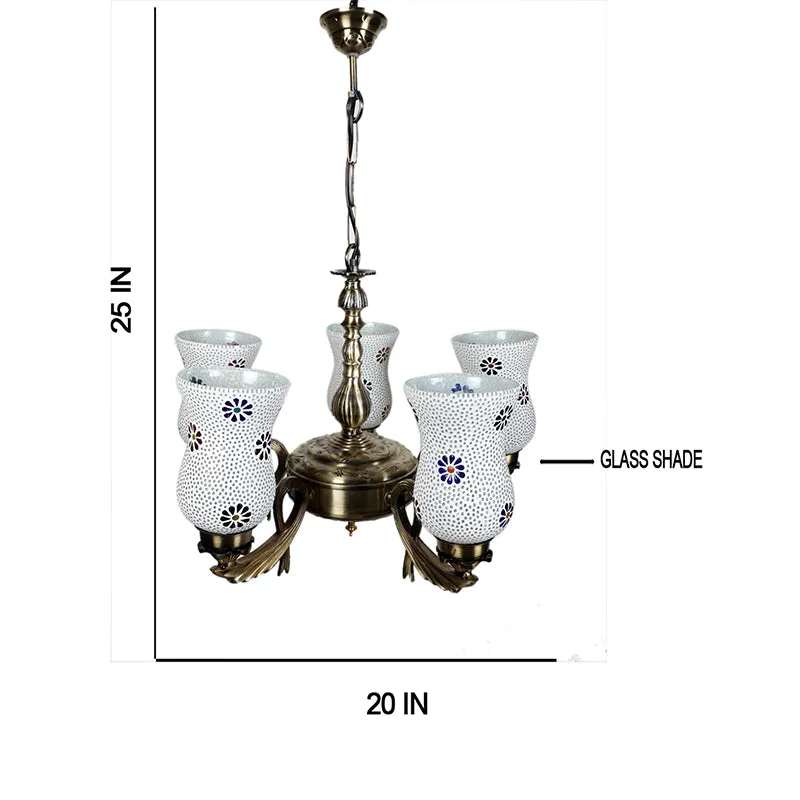 Ceiling lamp with five mosaic glass shades shown with 25 x 20 inch dimensions