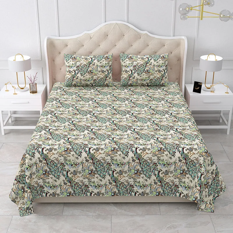Vibrant Mor Floral Cotton Bedsheet (Green) - 160 TC media 1