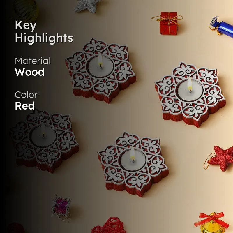 Winter Spark Carved Wood Tea Light Holder (Red) - Set Of Four media 2