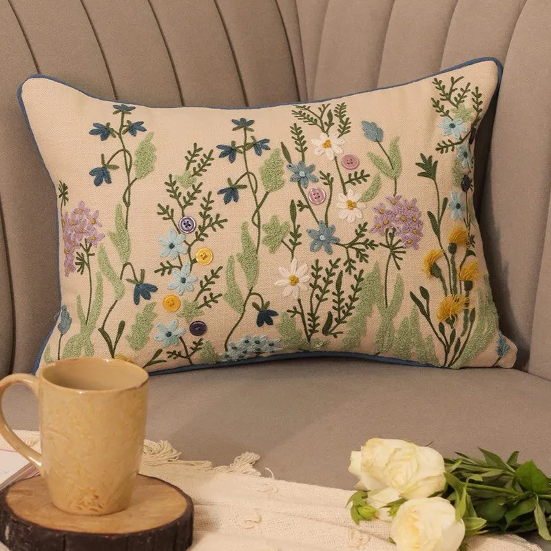 Leafy Trail Embroidered Cotton Cushion Cover media 1
