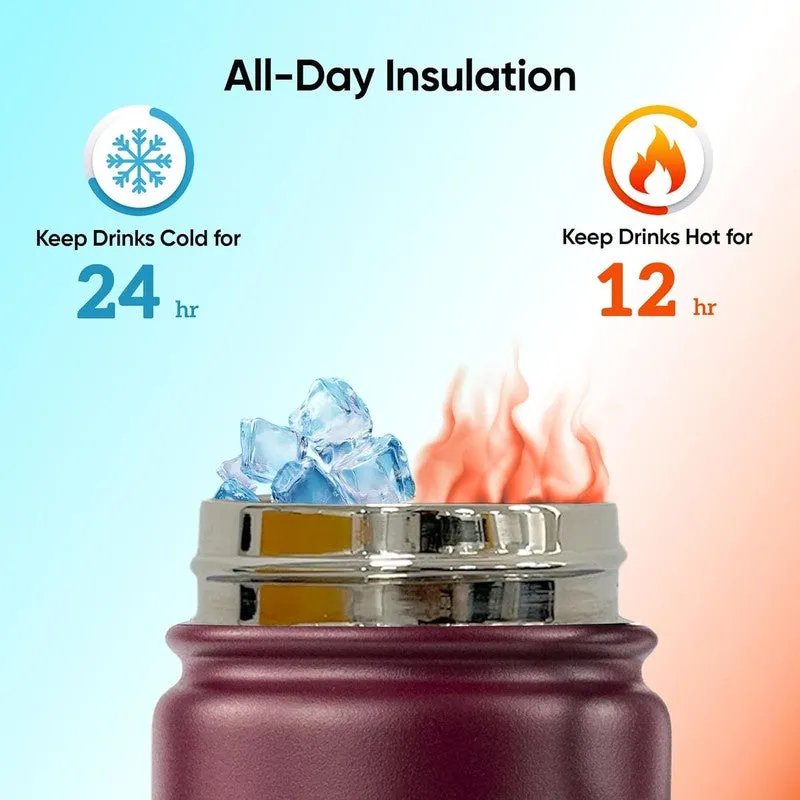 Open insulated bottle showing hot and cold retention graphic