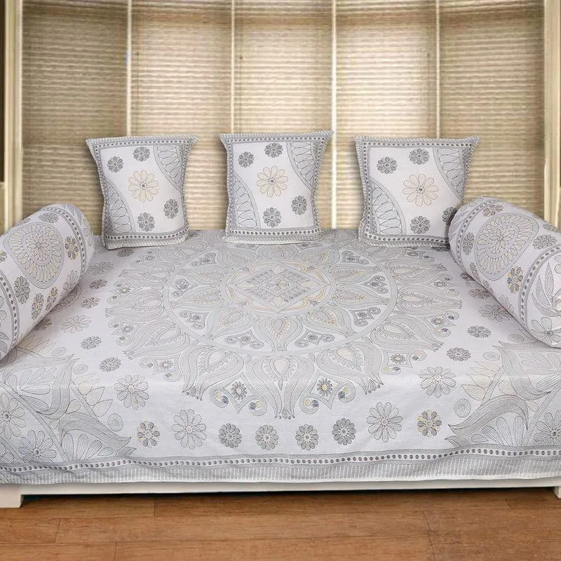 Madviya Floral Diwan Set (Grey & Yellow) - Six Piece Set media 1