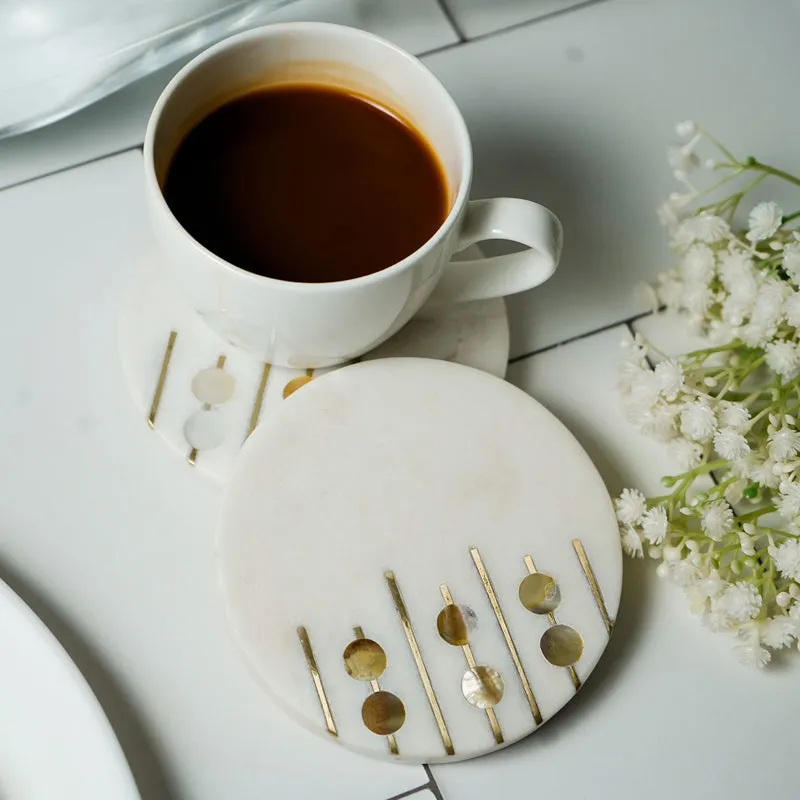 Pearl Charm Marble Coaster With Brass Inlay (White) - Set Of Two media 3