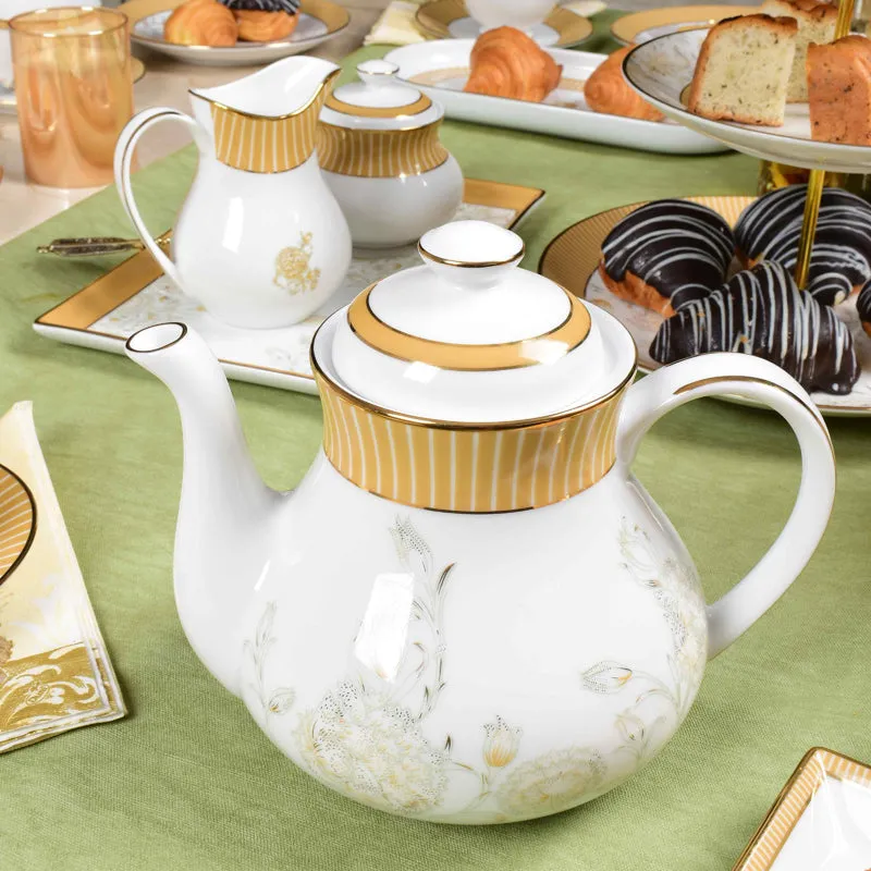 Gilded Iris 24k Gold Brushed Porcelain Tea Set With Tea Pot (Gold) - Seventeen Piece Set media 9