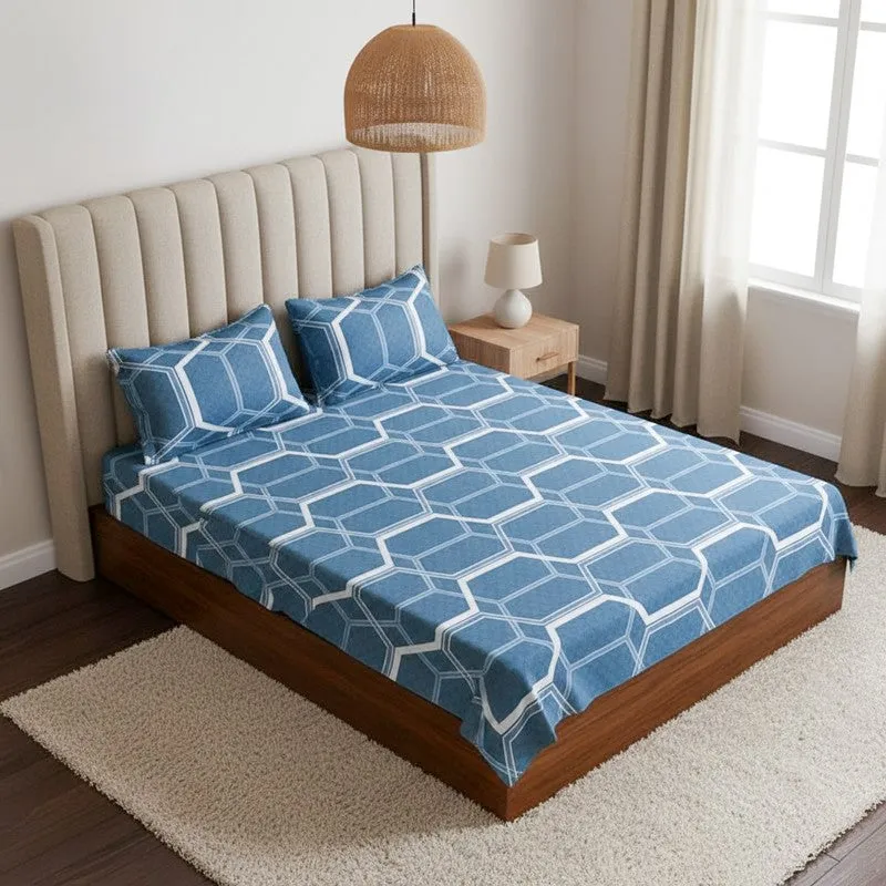 Hivescape Geometric Cotton Bedsheet (Blue) - 200 TC media 1