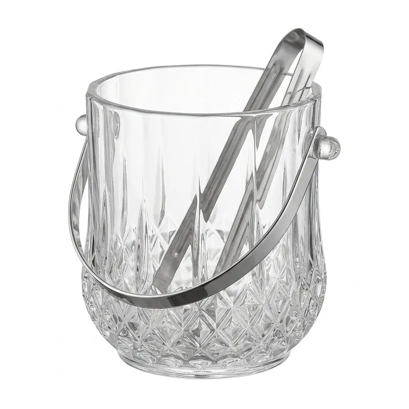 Transparent glass ice bucket with metal handle and tongs on white background
