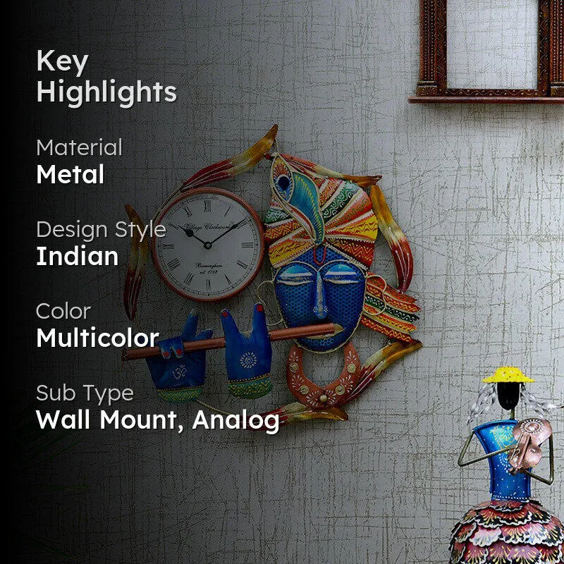 Lord Krishna Theme Decor Metal Wall Clock media 2