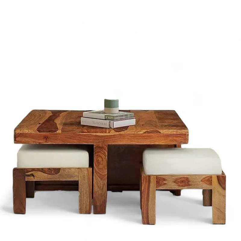 Evrino Sheesham Wooden Center Table with Stools and Cushions (Brown,White) - Nine Piece Set media 5