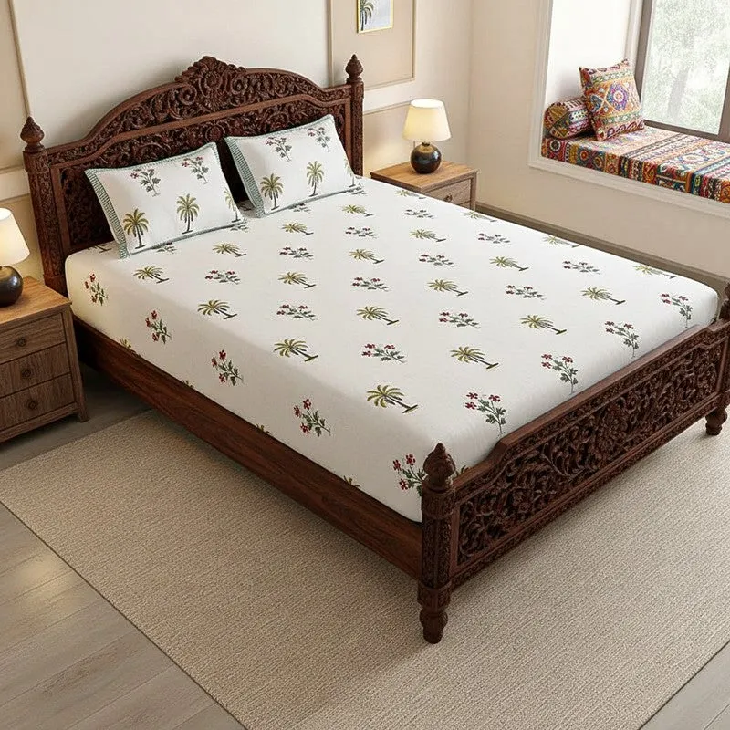 Haveli Cotton Bedsheet (White, Red) - 180 TC media 1