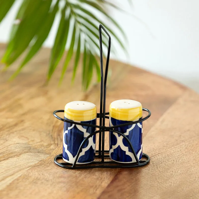Moroccan Miles Ceramic Salt & Pepper Shaker With Iron Holder (70 mL) - Three Piece Set media 1