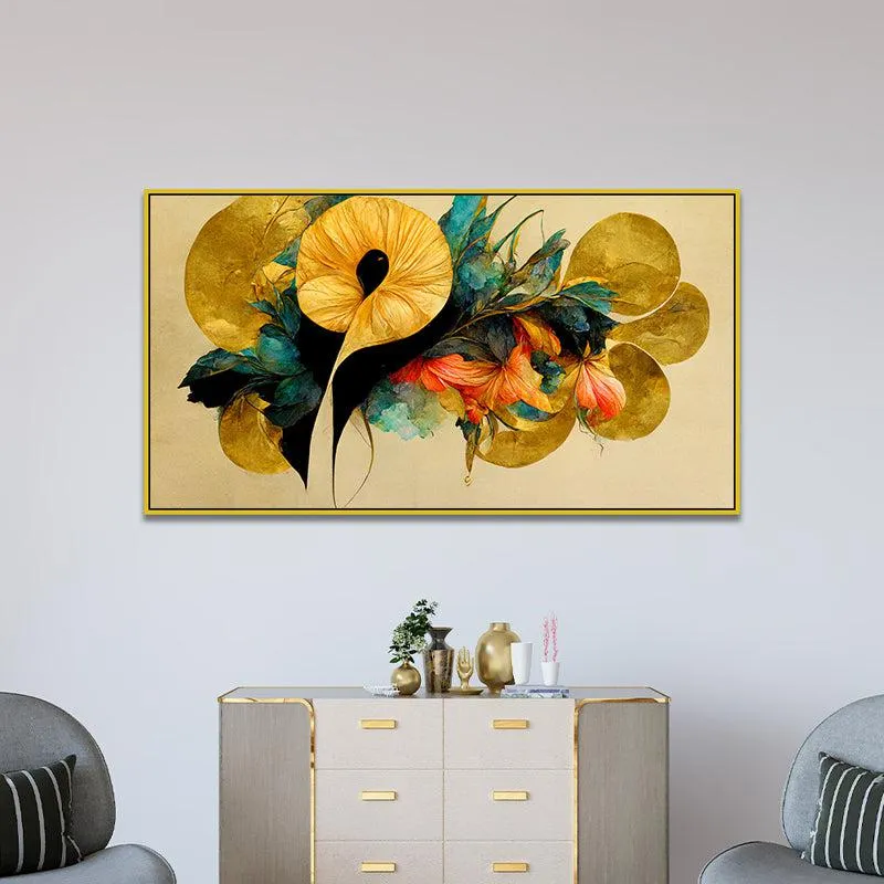 Kaleidoscopic Nature Floral Canvas Wall Painting With Frame - Gold media 5