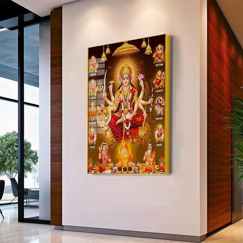 Matha Durga Spiritual Canvas Wall Art With Frame - Gold media 1