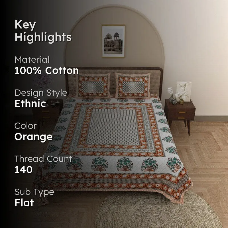 Prerna Ethnic Printed Cotton Bedsheet (Orange) - 140 TC media 2