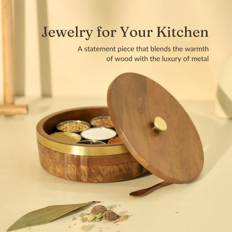 Zari Wooden Masala Box with 7 Containers - Nine Piece Set media 8
