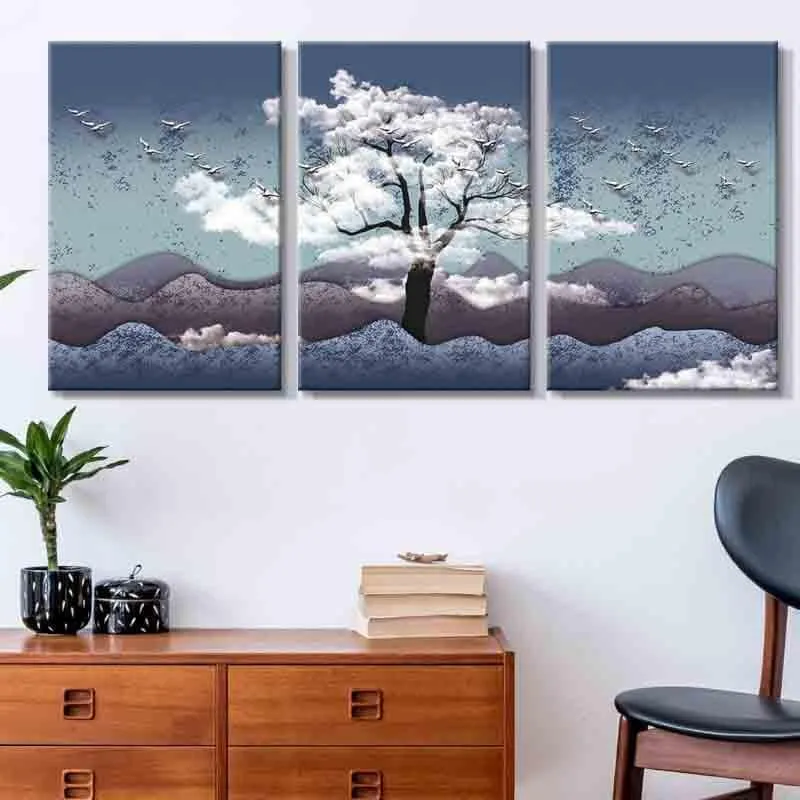 Tranquil Snowtree Poly Canvas Wall Art - Three Piece Set media 1