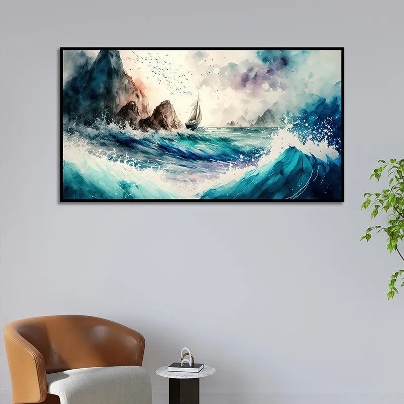 Crashing Blue Waves Landscape Canvas Wall Painting With Frame - Black media 5