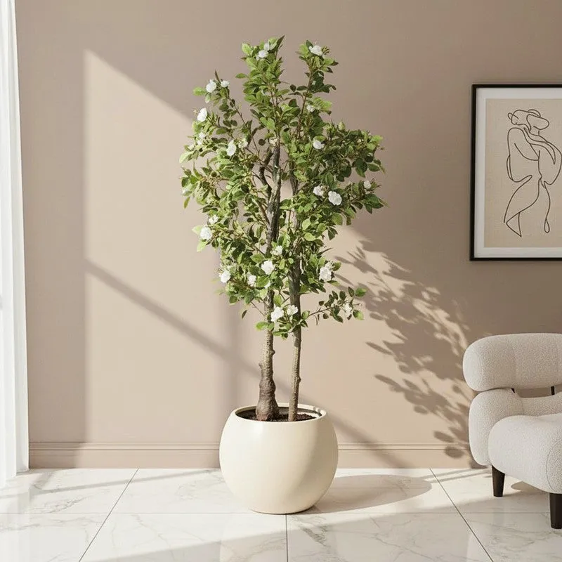 Faux Lush Mini Camellia Plant With Black Plastic Pot (White) - 4.3 Feet media 1