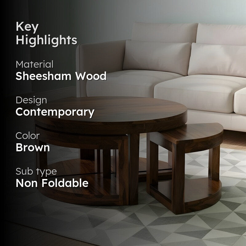 Mervon Sheesham Wooden Center Table with Stools (Brown) - Five Piece Set media 2