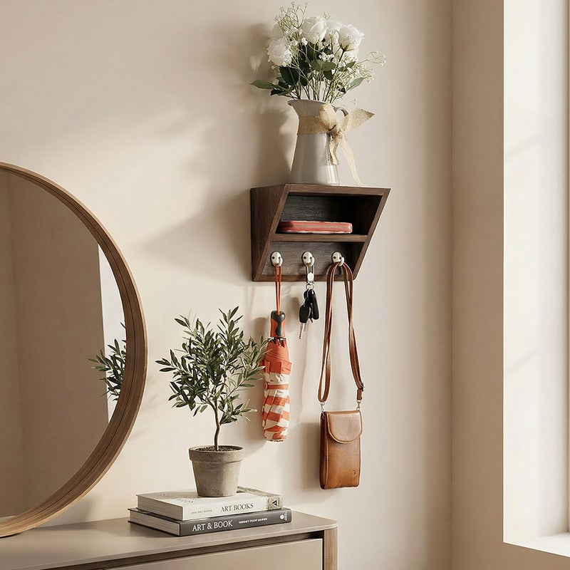 Birchline Wooden Wall Shelf Organiser with Key Holders