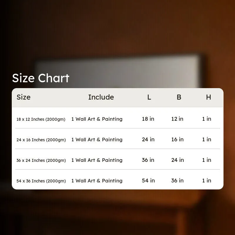 Blurred framed wall art behind a size chart graphic