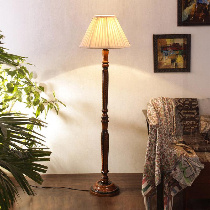 Hima Pleated Vintage Wooden Floor Lamp - Off-White
