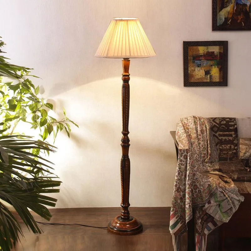 Hima Pleated Vintage Wooden Floor Lamp - Off-White media 1