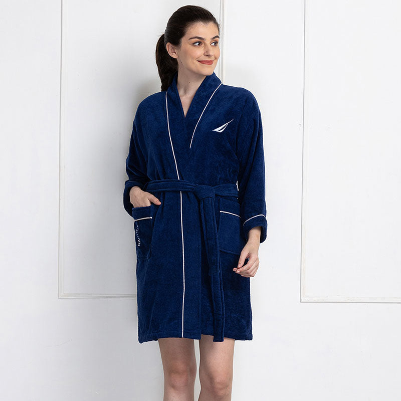 Nautica His & Hers Cashmere Dreams Cotton Bath Robe (Navy Blue & Coral) - Set Of Two media 3