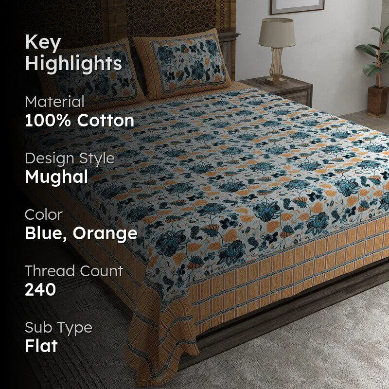 Softus Cotton Bedsheet (Blue,Orange) - 240 TC media 2