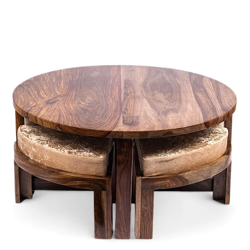 Iveron Sheesham Wooden Center Table with Stools and Cushions (Brown,Beige) - Nine Piece Set media 7