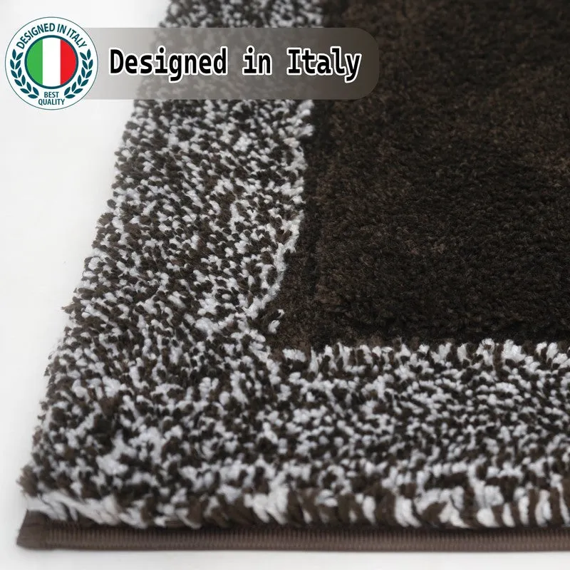 Close-up of the brown runner rug showing its soft textured surface and speckled border