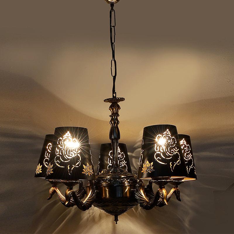 Ganesha Etched Mayoor Golden Antique Ceiling Lamp