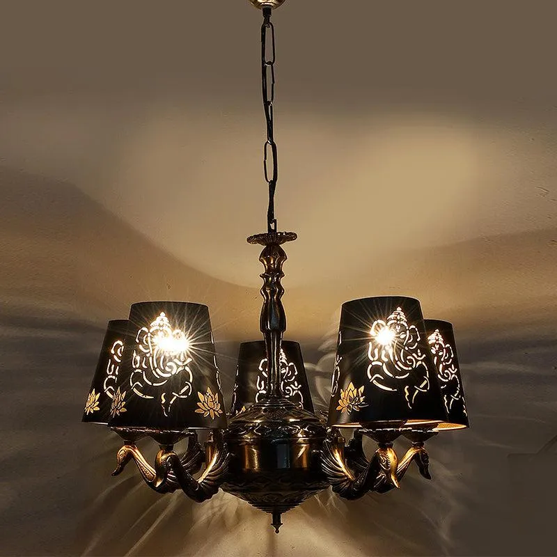 Ganesha Etched Mayoor Golden Antique Ceiling Lamp media 1