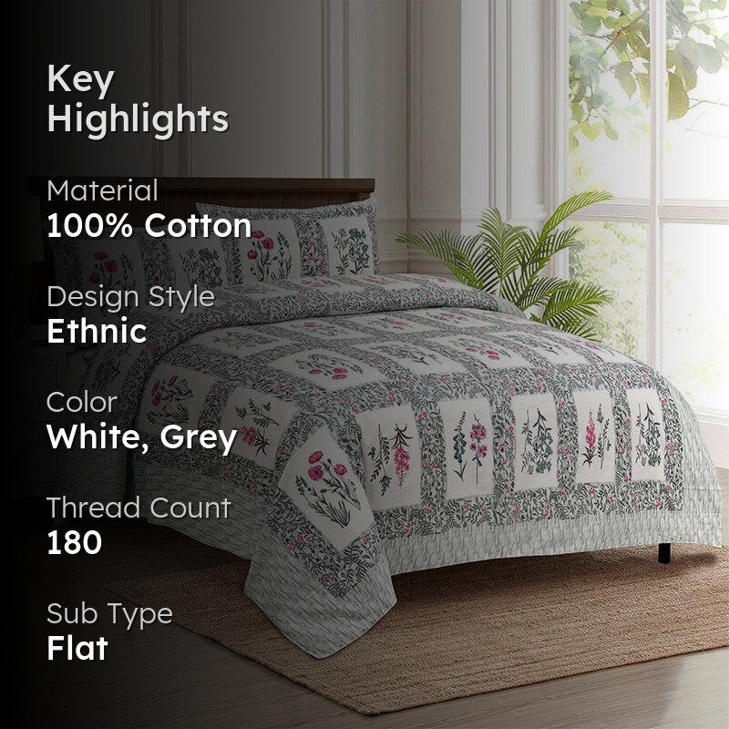 Siddhi Floral Cotton Bedsheet (White,Grey) - 180 TC media 2
