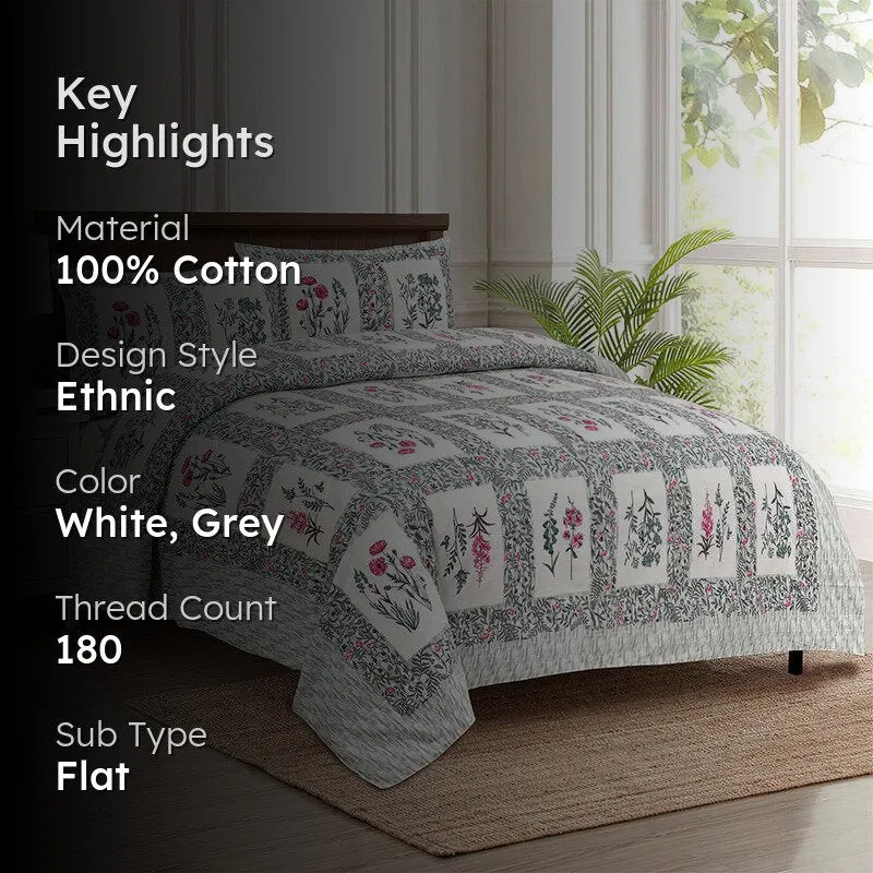 Siddhi Floral Cotton Bedsheet (White,Grey) - 180 TC media 2