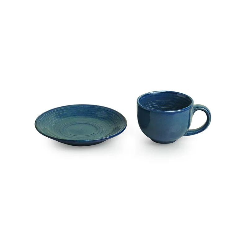 Sininen Handglazed Ceramic Tea Cup With Saucer (120 ML) - Twelve Piece Set media 4