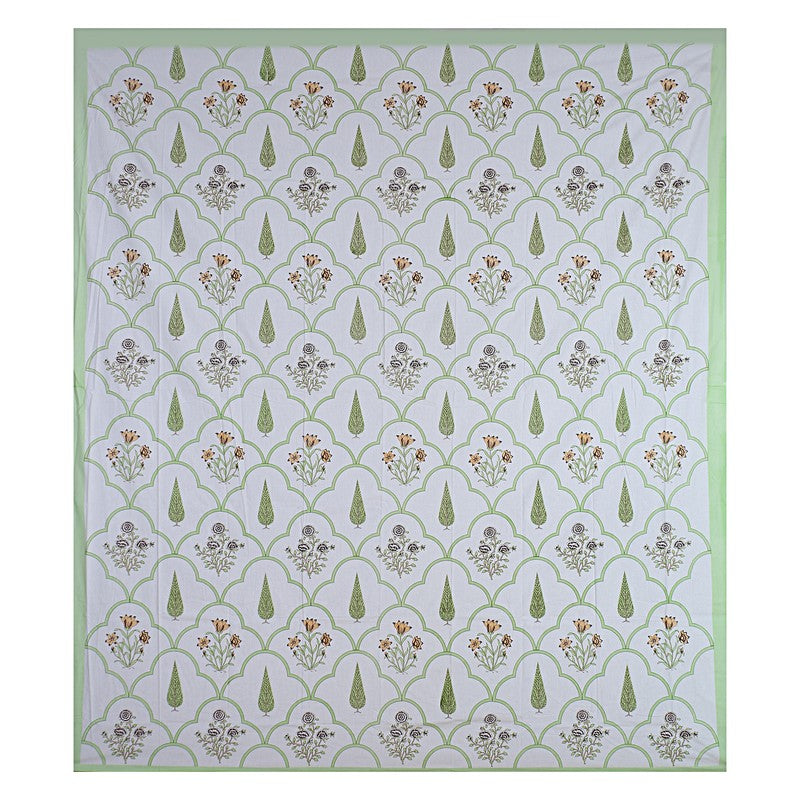 RiwaayatWhite Handblock Printed Cotton Bedsheet (Green) - 400 TC media 7
