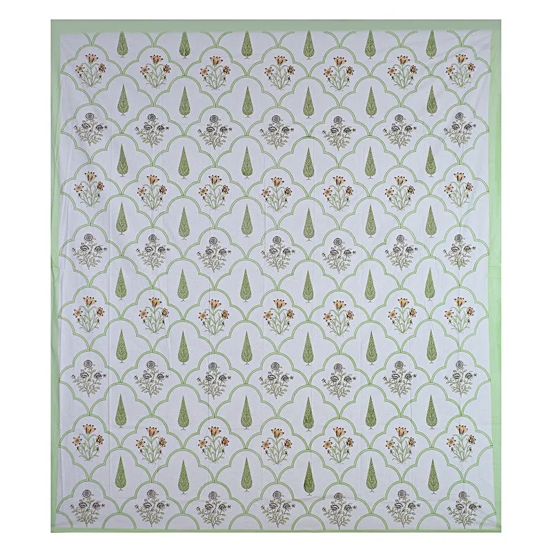 RiwaayatWhite Handblock Printed Cotton Bedsheet (Green) - 400 TC media 7