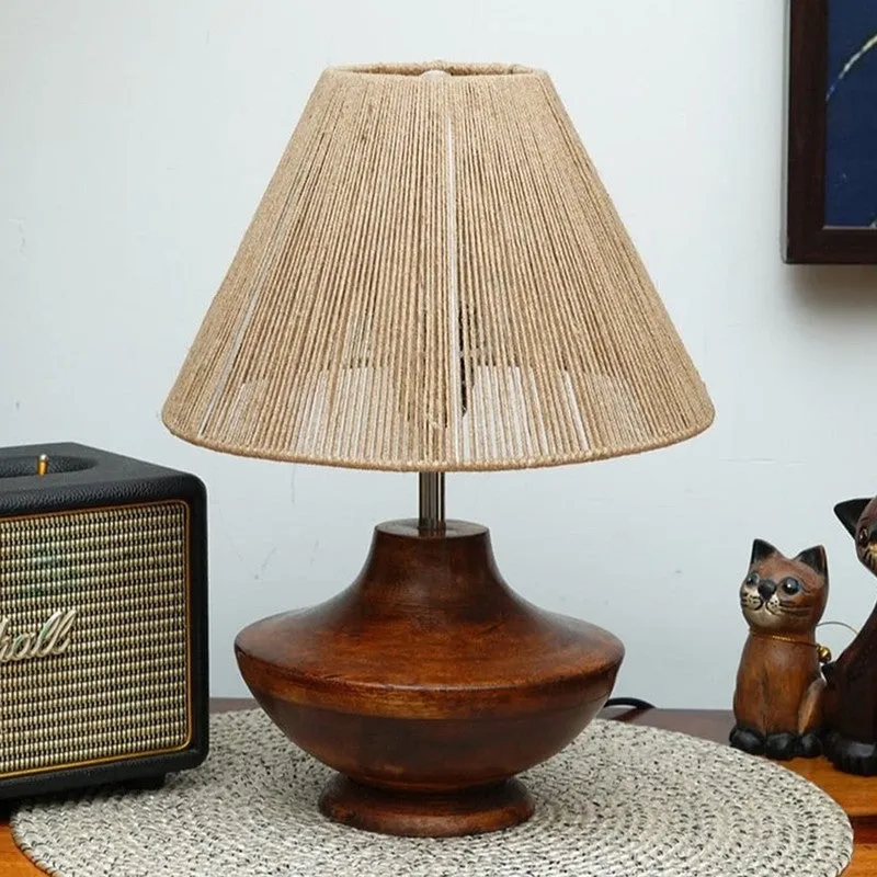 Rustic Luxe Wooden Base Cotton Table Lamp - Beige,Brown media 3