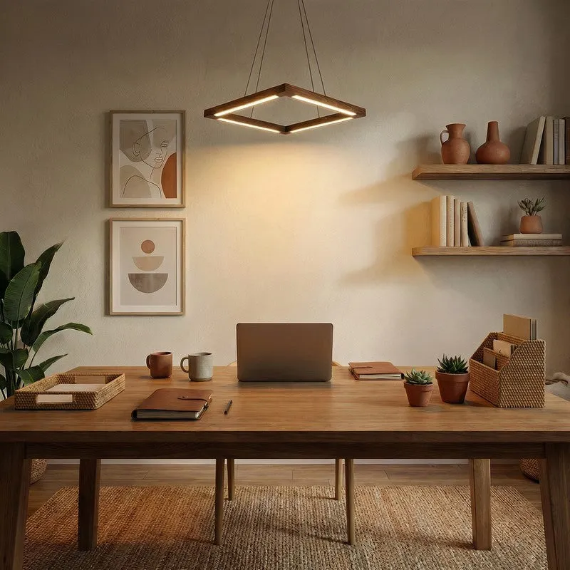 Square wooden LED ceiling lamp lit above a desk in a softly styled workspace