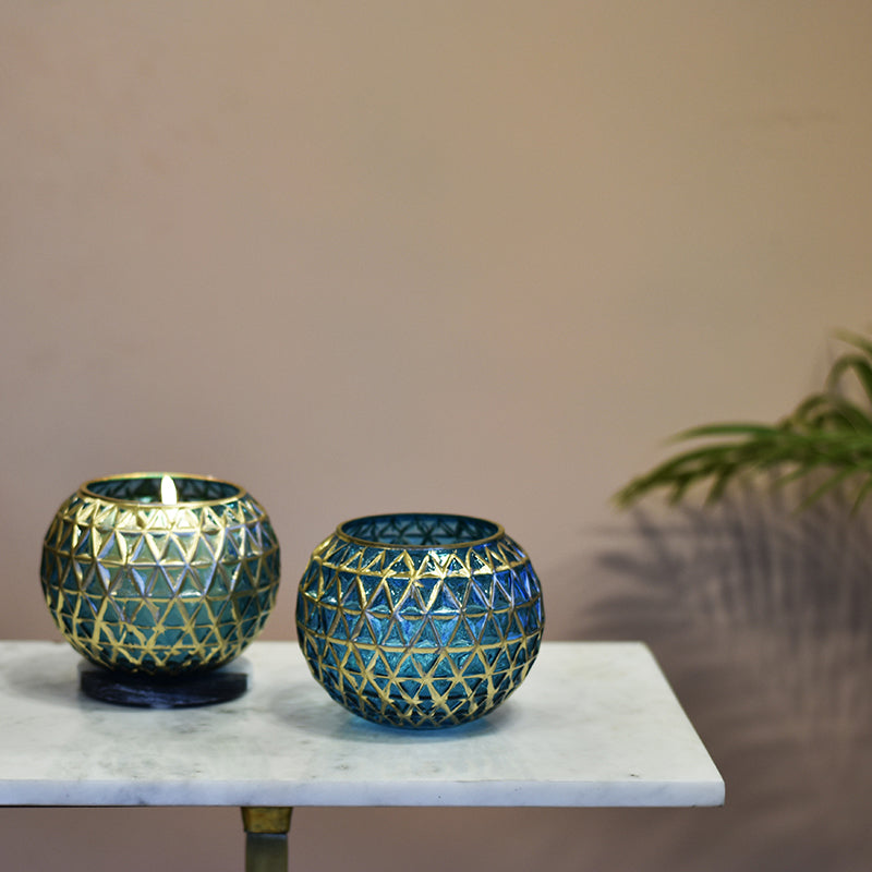Foiled Sphere Candle Holder (Gold,Blue) - Set Of Two media 3