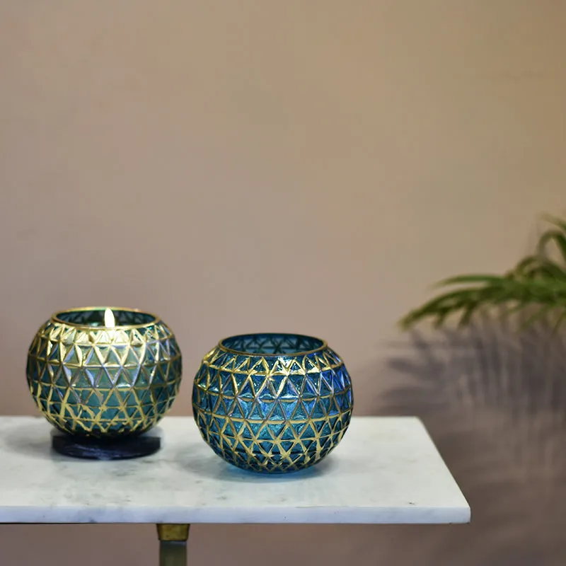 Foiled Sphere Candle Holder (Gold,Blue) - Set Of Two media 3