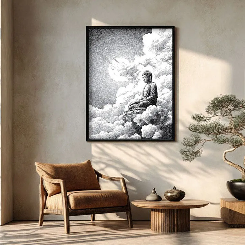 Buddha In Clouded Serenity II Wall Painting With Black Frame media 1