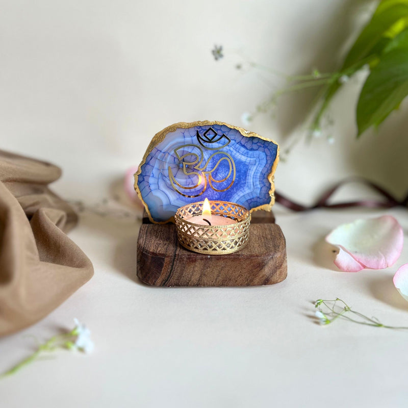 Namokar Handcrafted Agate Religious Accent With Tealight Candle Holder - Blue