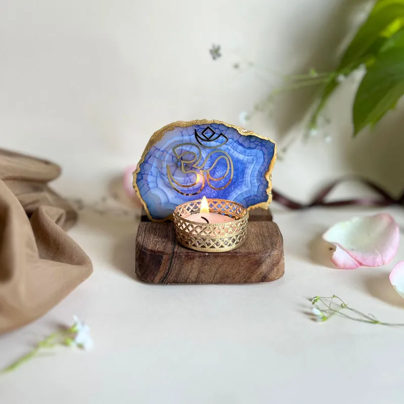 Namokar Handcrafted Agate Religious Accent With Tealight Candle Holder - Blue media 1